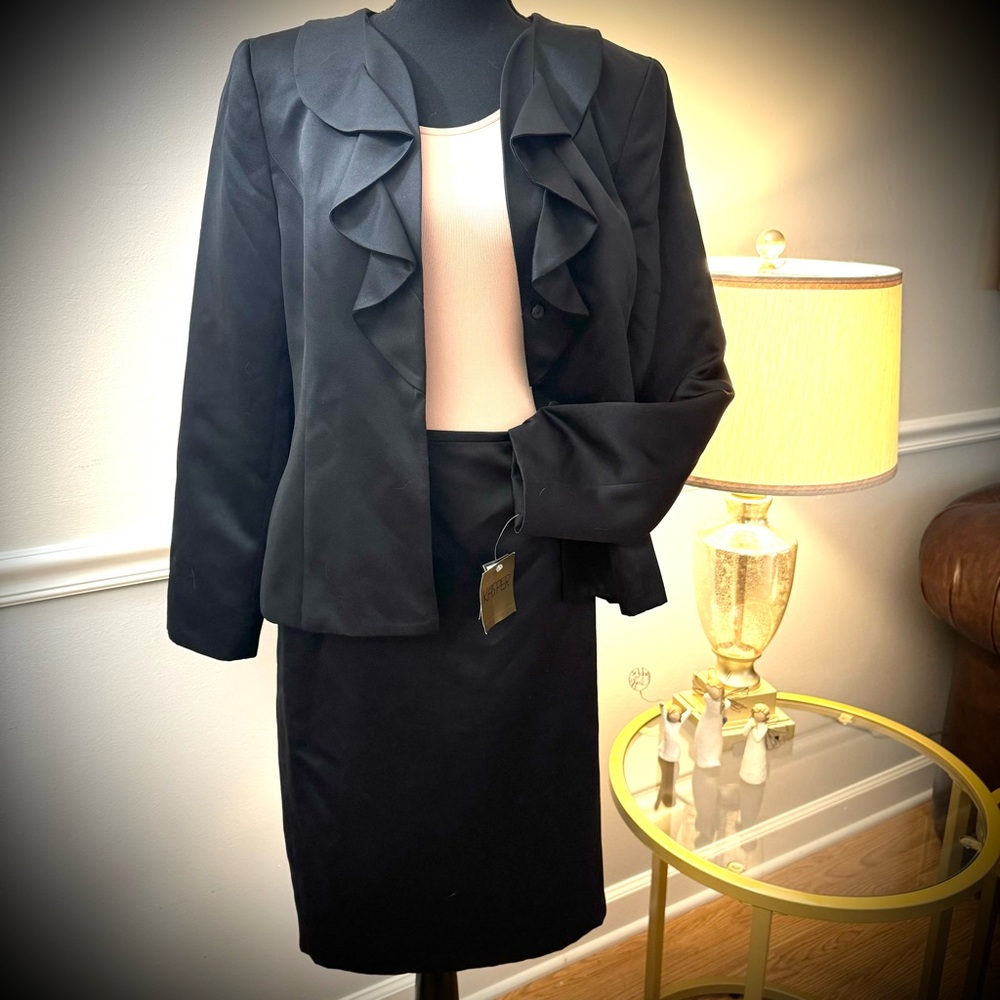 Kasper Black Ruffled Jacket and Skirt Suit Set